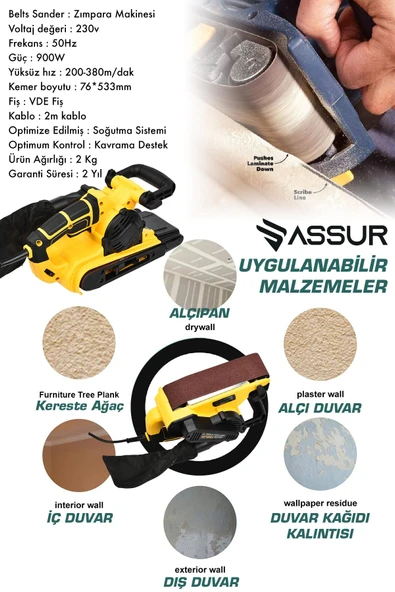 Assur 900W Elektrikli Vakumlu Tozsuz Cila Özellikli Tank Zımpara Makinesi - 3