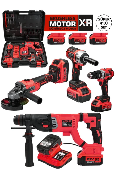 Assur Profesyonel 21V Akülü Matkap Somun Sıkma Sökme Taşlama Kırıcı Delici Hilti 4'lü Set