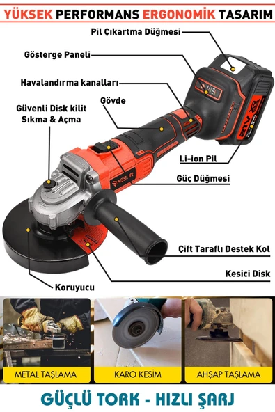 Assur 21V Çift Akülü 125mm Kömürsüz Şarjlı Taşlama - 2