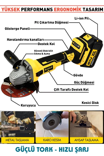 Assur 21V Çift Akülü Kömürsüz Şarjlı 125mm Avuç Taşlama - 3