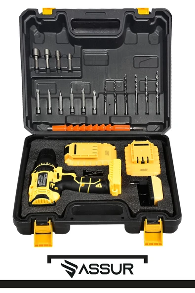 Assur 12V 1.5Ah Metal Şanzıman Çift Akülü Bakır Sargı 24 Parça Şarjlı Matkap Akülü Vidalama - 3