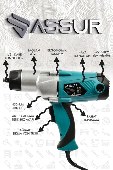 Assur Elektrikli 1100W 450Nm Somun Sıkma Sökme Makinesi - Resim 2