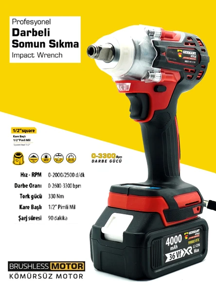 Germany Style Akülü Kırmızı Kömürsüz 4'lü Set Taşlama-Kırıcı Delici -Somun Sıkma-Vidalama Matkap - 4
