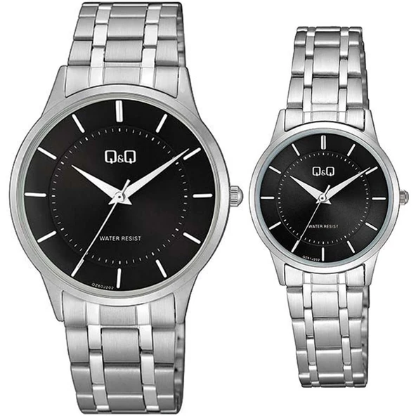 Q&Q QC204J003Y Siyah Gümüş Çizgili Çelik Kordonlu Sevgili Çift Kol Saatleri