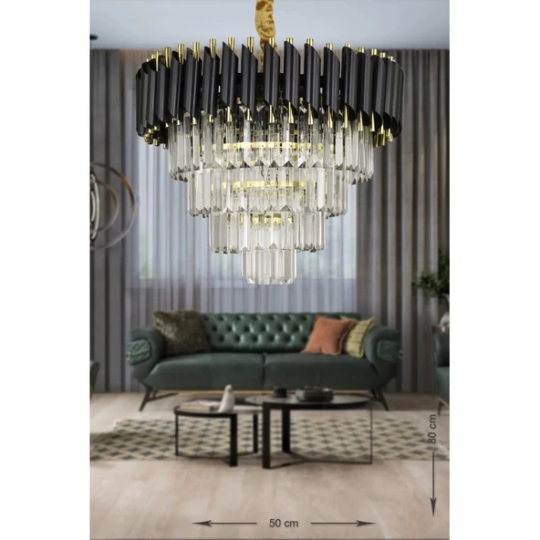 50'Lik Kristal Taşlı Lüks Avize - (Siyah-Gold) ürün görseli 1