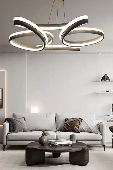 Yüksek Aydınlatmalı Kalın Kasa Papatya Model Siyah Led Avize - 2