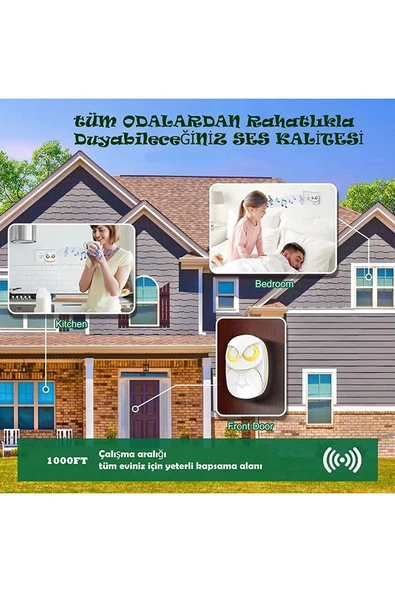 Monozone Beyaz Lüx 1 Buton 1 Alıcı Kablosuz Kapı Zili Yaratıcı Baykuş Şekilli Işıklı Uzun Mesafeli(300 Metre) Ev Ofis Depo - 2