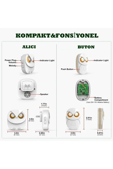 Monozone Beyaz Lüx 1 Buton 1 Alıcı Kablosuz Kapı Zili Yaratıcı Baykuş Şekilli Işıklı Uzun Mesafeli(300 Metre) Ev Ofis Depo - 3