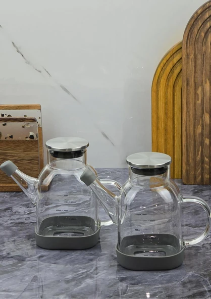 Borosilikat Cam Yağdanlık Seti - Bambu Altlıklı Yağdanlık Takımı - 2x550 ML - 2