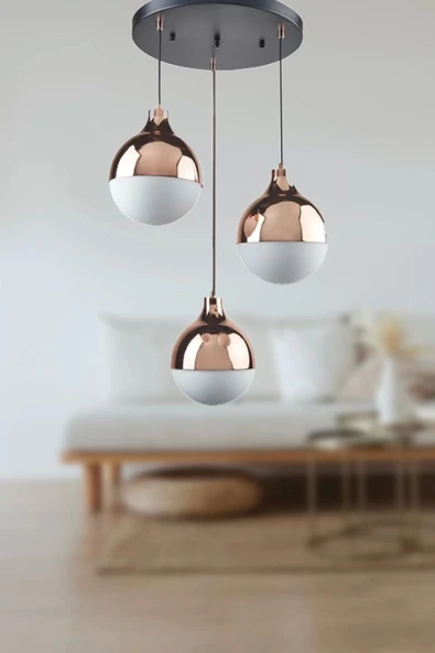 Modern Üçlü Sarkıt Retro Bakır Renk Beyaz Camlı Salon Avize
