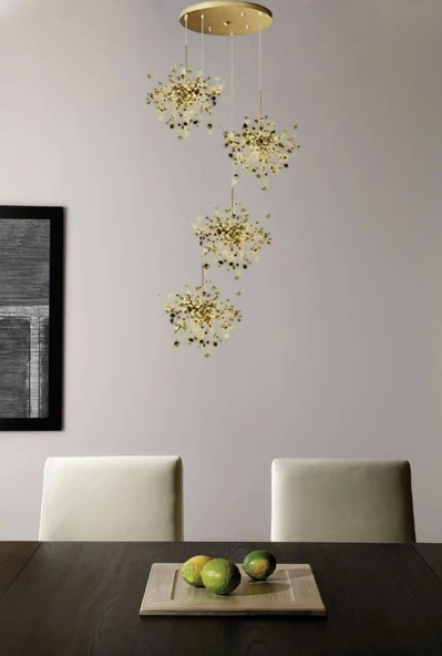 Yuvarlak Modern Dörtlü Pullu Altın Renkli Sarkıt Avize