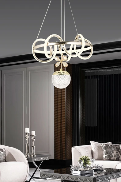 Modern Kıvrımlı Tekli Toplu Üç Renkli Gold Sarkıt Led Avize