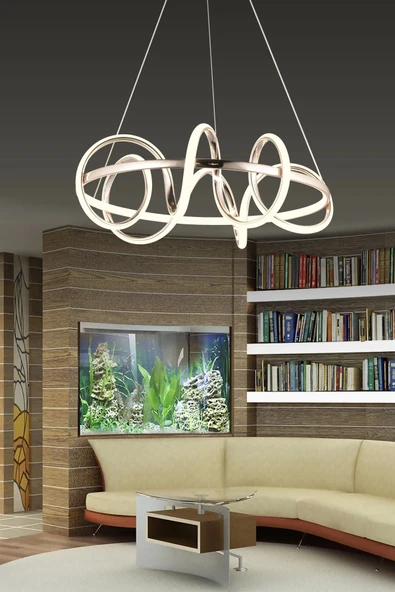 Modern Halkalı Kıvrımlı Üç Renkli Gold Sarkıt Led Avize