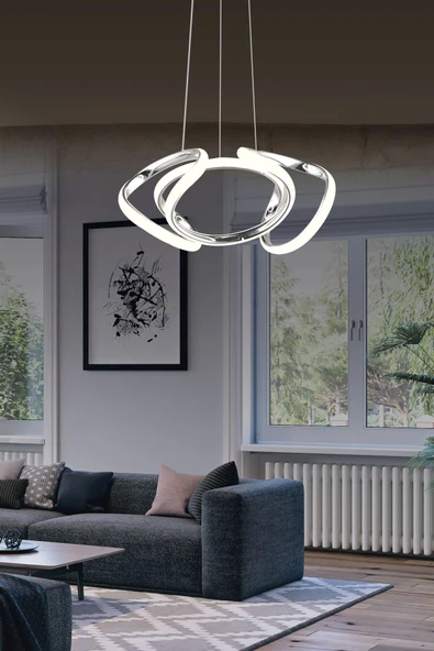 Krom Kasa Dron Modern Üç Renkli Sarkıt Led Avize ve Salon Ledli Avize