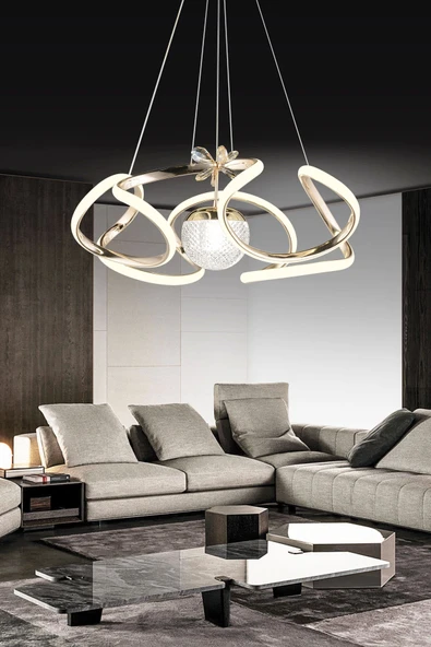 Modern Kıvrımlı Tek Toplu Üç Renkli Gold Sarkıt Dron Led Avize ve Salon Ledli Avize