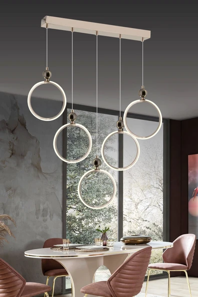 Modern Beşli Yuvarlak Üç Renkli Gold Yemek Odası Led Avize ve Ledli Yemek Odası Aydınlatma