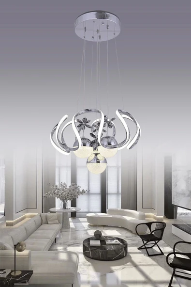 Heracles 3 Renk Gümüş ( Sarı Beyaz Ve Gün Işığı ) Luxury Led Kristal Taşlı Avize