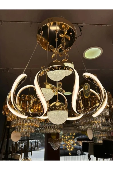 Heracles 3 Renk Gold ( Sarı Beyaz ve Gün Işığı ) Luxury Led Kristal Taşlı Avize - Resim 3