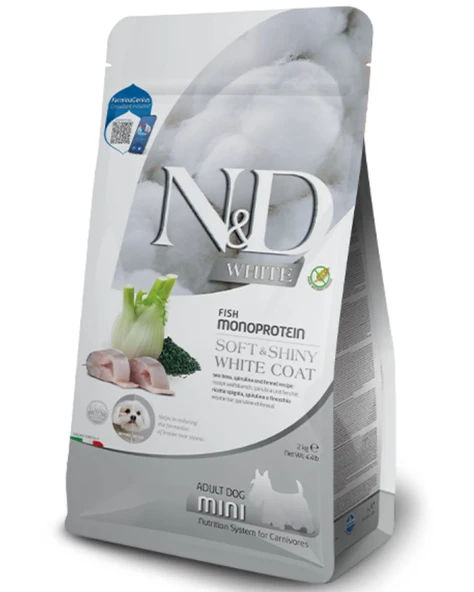 N&D ND White Coat Levrek ve Spirulina Beyaz Tüylü Mini Irk Tahılsız Köpek Maması Yetişkin 2 Kg