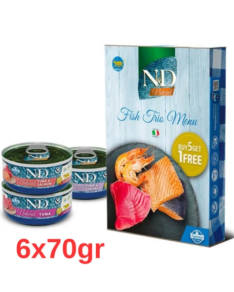 N&D Nd Fish Trio Menü Balık Çeşitleri Yetişkin Kedi Konserve Maması 6 X 70 gr(6 Al 5 Öde)