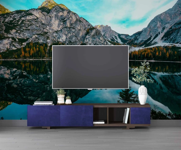 Karlı Dağ Göl ve Orman Manzaralı Duvar Kağıdı - Resim 3