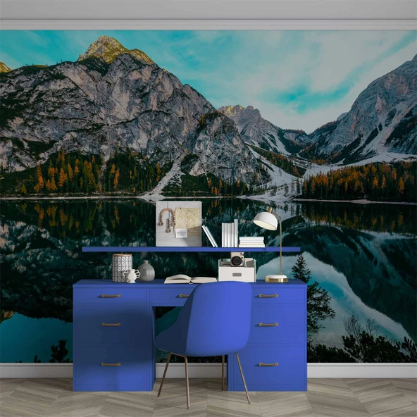 Karlı Dağ Göl ve Orman Manzaralı Duvar Kağıdı - Resim 4