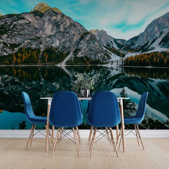 Karlı Dağ Göl ve Orman Manzaralı Duvar Kağıdı - Resim 5