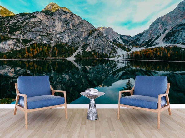 Karlı Dağ Göl ve Orman Manzaralı Duvar Kağıdı - Resim 6