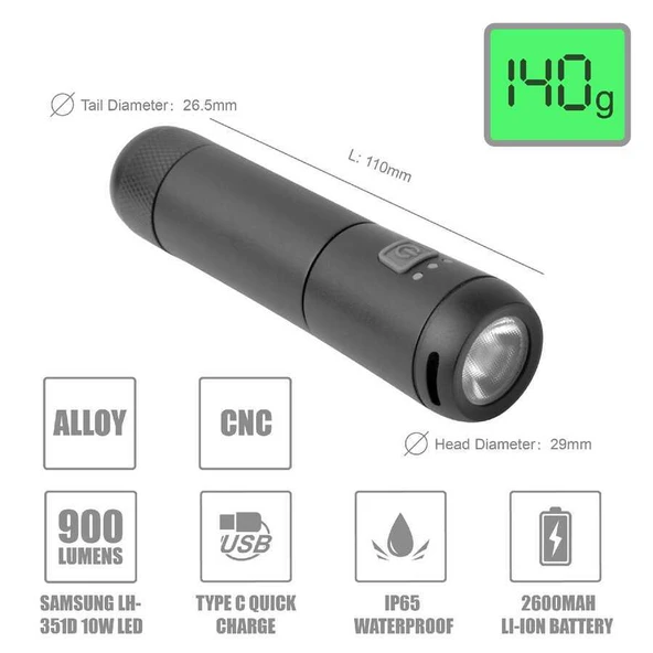 Eastpower ÖN FAR LW-F800 900LM USB IP65 SU GEÇİRMEZ - Siyah - 2