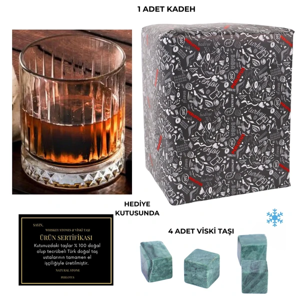 330 cc Italy Serisi Büyük Kadeh Viski Bardağı 4 Adet Viski Taşı Hediyeli - 3