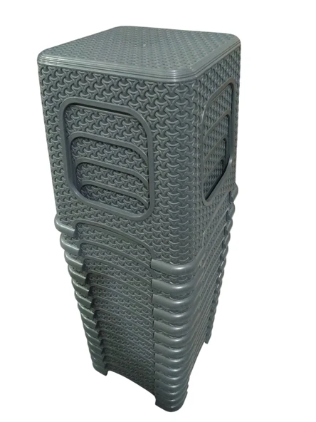4 Adet Orta Boy Tabure Hasır Desenli Plastik Tabure 33x26,5 Cm Antrasit - 4