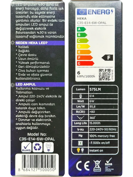 (5 Adet) Heka 6W (51W) 3000K (Günışığı) E14 Duylu (İnce Duy) Soft Mum Ampul - Resim 4