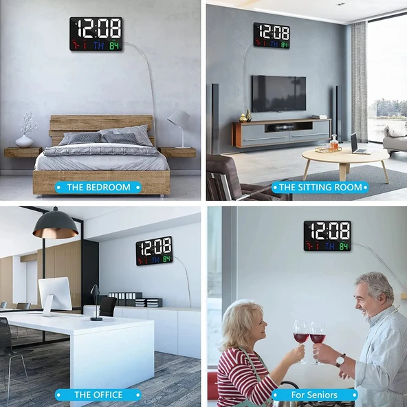 anaway shopping Dijital Duvar Saati Renkli Uzaktan Kumandalı Hd LED Ekran Tarih Gün Sıcaklık Alarm USB Dekoratif 25X16cm - 5