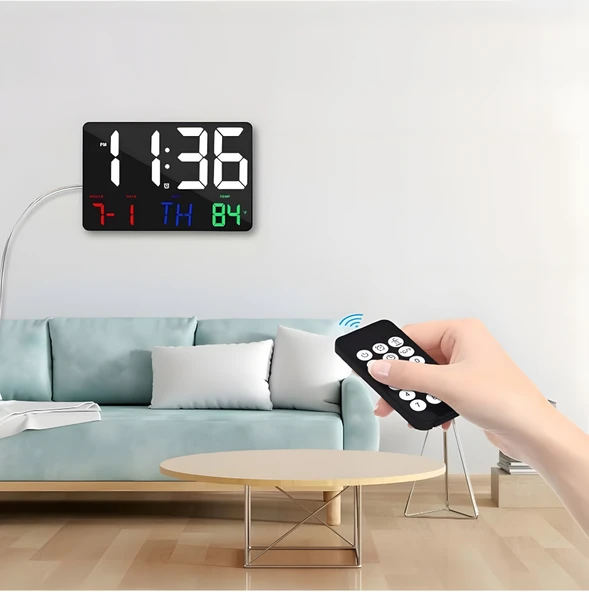 anaway shopping Dijital Duvar Saati Renkli Uzaktan Kumandalı Hd LED Ekran Tarih Gün Sıcaklık Alarm USB Dekoratif 25X16cm - 3