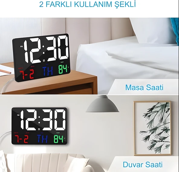 anaway shopping Dijital Duvar Saati Renkli Uzaktan Kumandalı Hd LED Ekran Tarih Gün Sıcaklık Alarm USB Dekoratif 25X16cm - 4