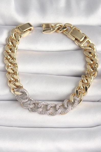 Pirinç Gold Renk Zirkon Taşlı Halka Zincir Xuping VIP Seri Exculusive Kadın Bileklik - TJ-BB6746
