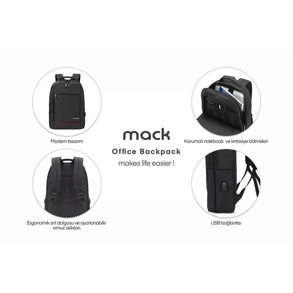 Mack MCC-006 15.6" Office USB Girişli Notebook Sırt Çantası MAVİ