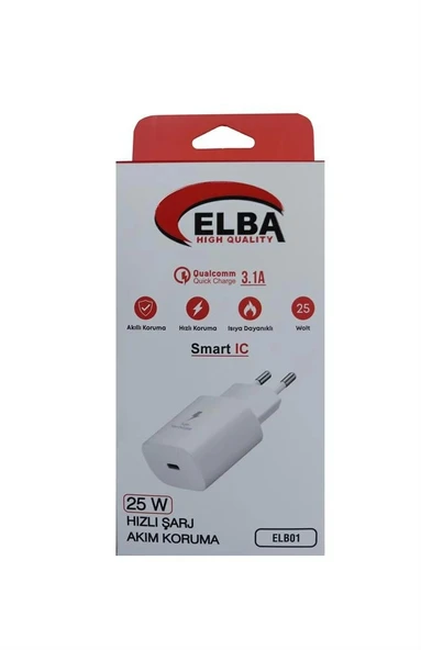 Elba ELB42 Beyaz 25W Şarj Kafa+ İphone Kablo USB-C PD3.0-QC4.0(Akım Koruma-Hızlı Şarj-)