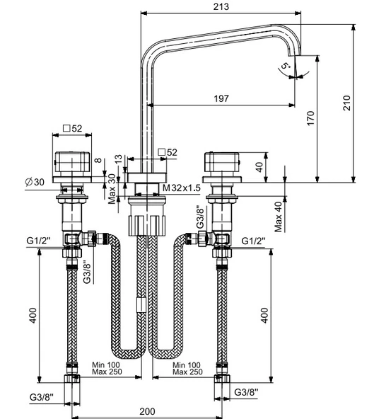 ECA Royal Ankastre Lavabo Bataryası 3 Delikli Tezgah Üstü Mat Siyah 102105666C1 - Resim 2