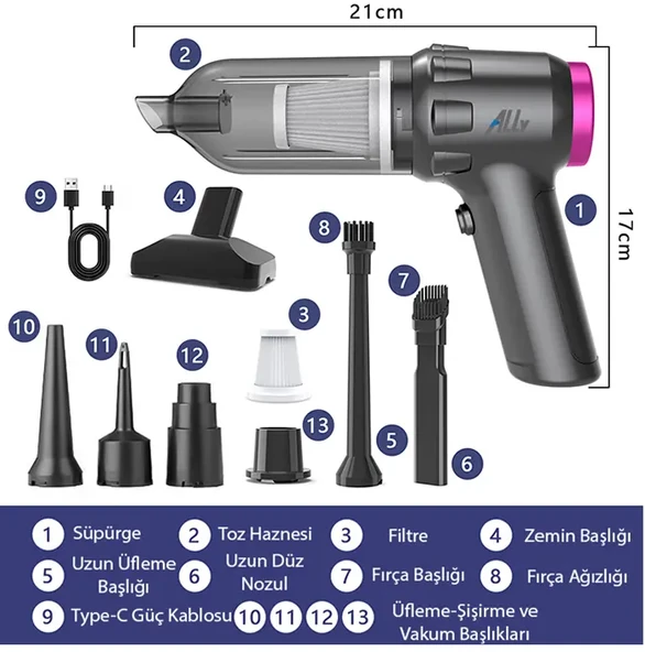 Ally 14000pa Güçlü Portatif 2 Kademeli Tasinabilir Vakumlu Kablosuz Üflemeli Mini Araç Süpürgesi - Resim 6