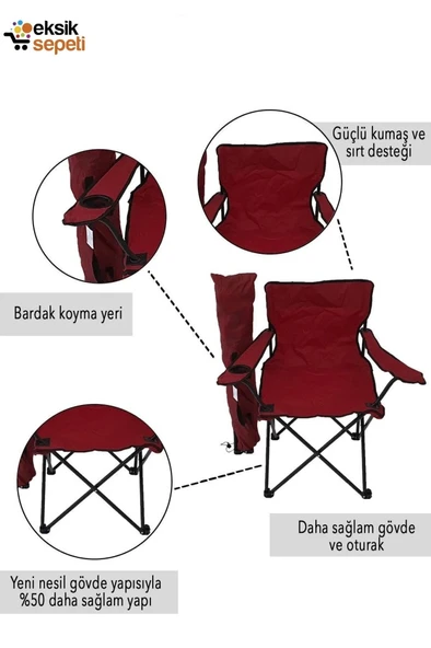 Katlanır Kamp Sandalyesi Taşıma Çantalı Bardaklıklı Kırmızı - 2