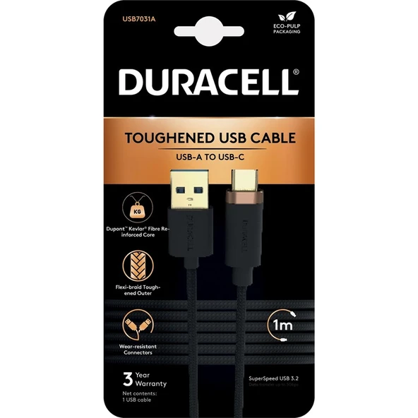 Duracell 1m Usb-A-Usb-C 3.2 Gen1 Braided Black