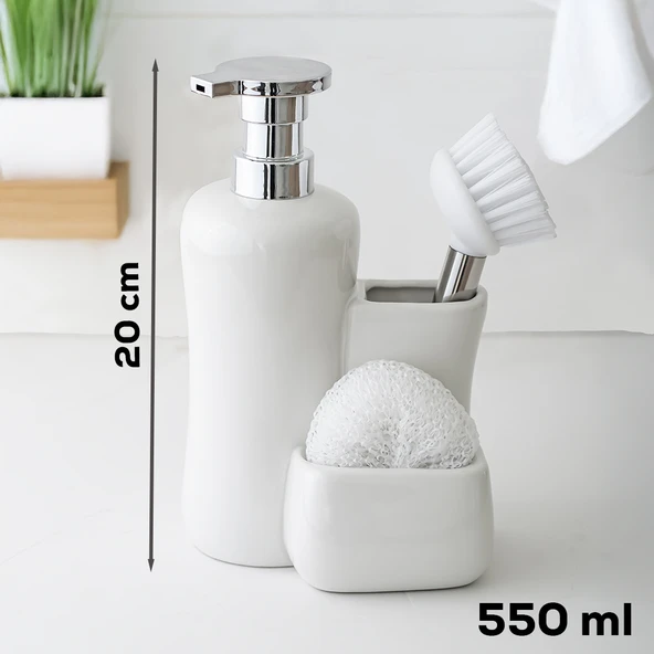 Porsima 277743 Tezgah Üstü Beyaz Sıvı Sabunluk Fırçalı Süngerlikli Sabunluk (550ml) 20cm - Resim 4