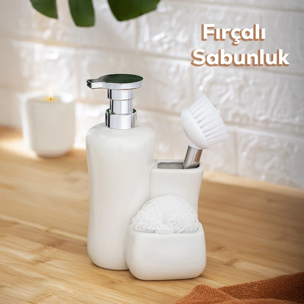 Porsima 277743 Tezgah Üstü Beyaz Sıvı Sabunluk Fırçalı Süngerlikli Sabunluk (550ml) 20cm