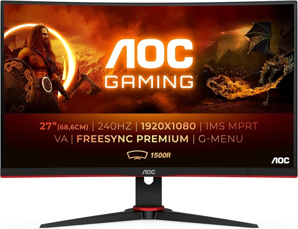 AOC C27G2ZE/BK 27 inç Kavisli Oyuncu Monitörü, VA, 240Hz, 0.5ms, Freesync Premium, DP+HDMI, Full HD 1500R Curved Gaming Monitör