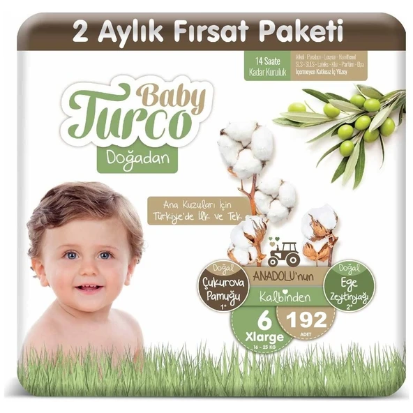 Baby Turco Bebek Bebek Bezi 2 Aylık Paket 6 Numara 16-25 kg 192 Adet ürün görseli 1