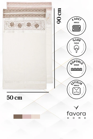 %100 Pamuk Güpürlü Çeyizlik 4'lü Havlu 50x90 - Pudra - Kahve - 5