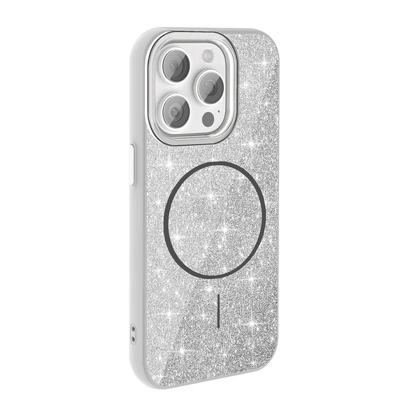 Apple iPhone 15 Pro Kılıf Magsafe Şarj Özellikli Parlayan Simli Redclick Okso Kapak - Resim 3