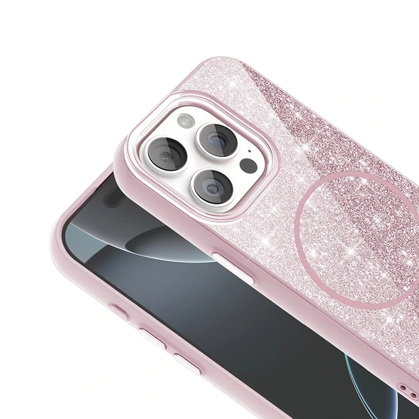 Apple iPhone 15 Pro Kılıf Magsafe Şarj Özellikli Parlayan Simli Redclick Okso Kapak - Resim 6