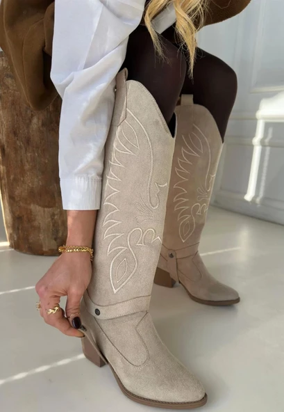 Jilla Bej Süet Tak Çıkar Topuklu Bot Ve Çizme - Resim 3